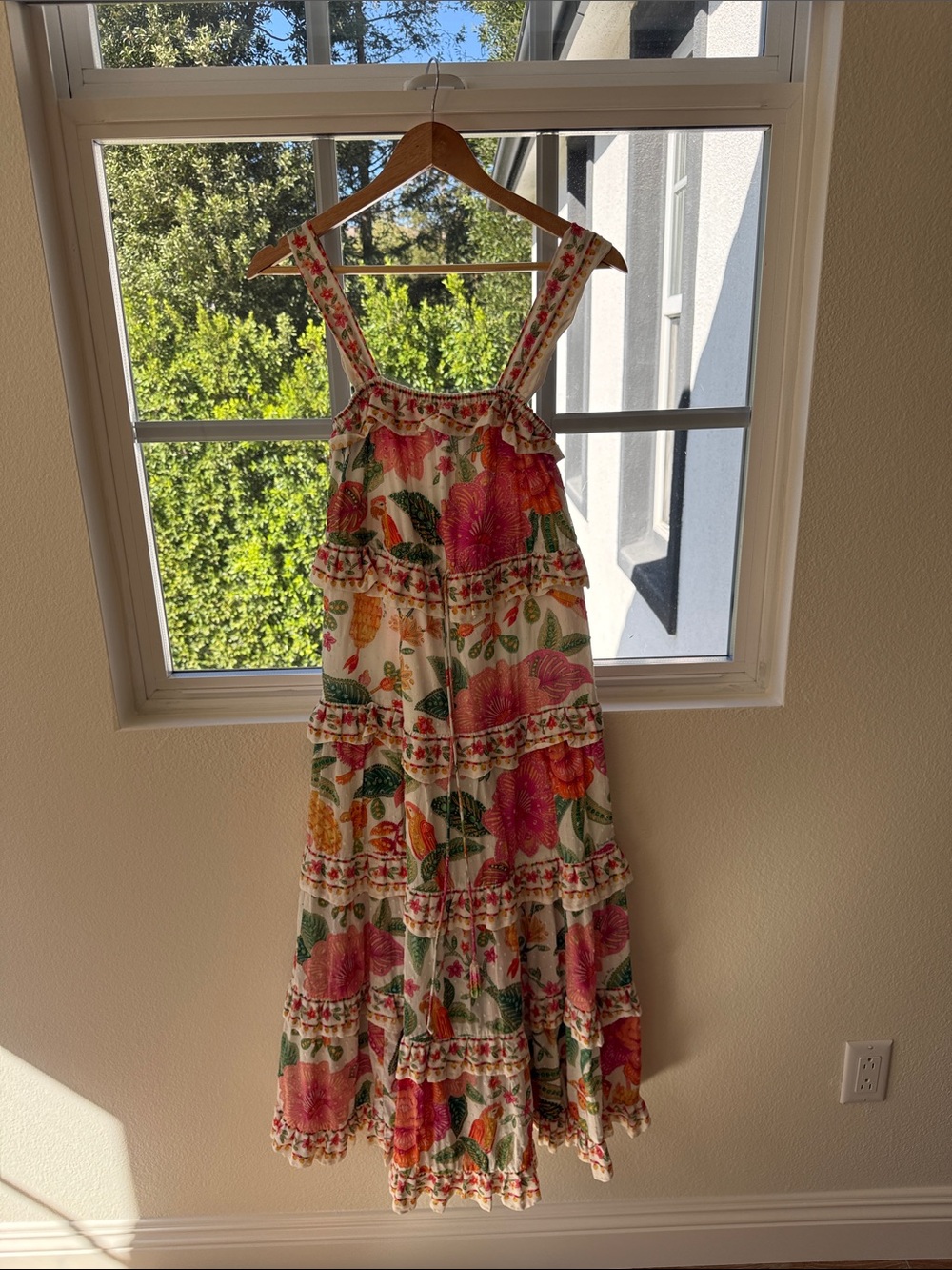 FARM Rio White Maxi Dress with Pink, Green & Orange Floral Motif